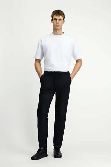 Siyah Slim Fit Dar Kesim Beli Lastikli İpli Klasik Kumaş Pantolon
