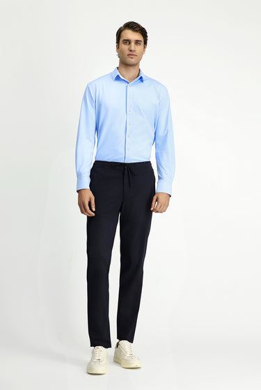 Koyu Lacivert Slim Fit Dar Kesim Beli Lastikli İpli Klasik Kumaş Pantolon