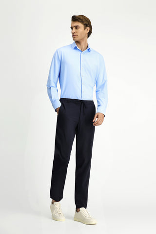  Koyu Lacivert Slim Fit Dar Kesim Beli Lastikli İpli Klasik Kumaş Pantolon