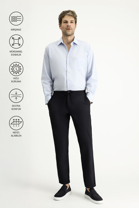 Koyu Lacivert 7 Drop Super Slim Fit Eksra Dar Kesim Beli Lastikli İpli Likralı Klasik Kumaş Pantolon