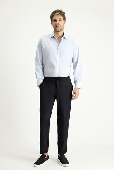  Koyu Lacivert Techno-Line Super Slim Fit Ekstra Dar Kesim Beli Lastikli İpli Likralı Klasik Kumaş Pantolon