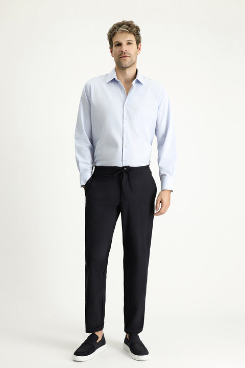 Koyu Lacivert 7 Drop Super Slim Fit Eksra Dar Kesim Beli Lastikli İpli Likralı Klasik Kumaş Pantolon