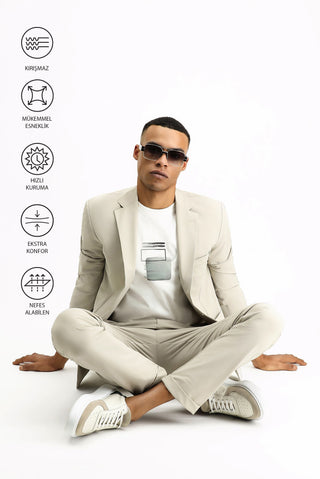  Açık Bej Techno-Line Super Slim Fit Ekstra Dar Kesim Beli Lastikli İpli Likralı Klasik Kumaş Pantolon