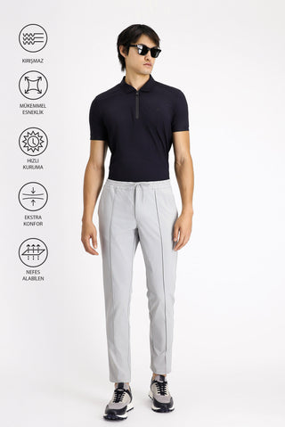 Açık Gri Techno-Line Super Slim Fit Ekstra Dar Kesim Likralı Beli Lastikli İpli Klasik Kumaş Pantolon