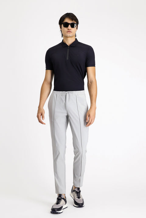 Light Grey Techno-Line 7 Drop Super Slim Fit Extra Narrow Cut Lycra Elastic Waist Drawstring Classic Fabric Trousers