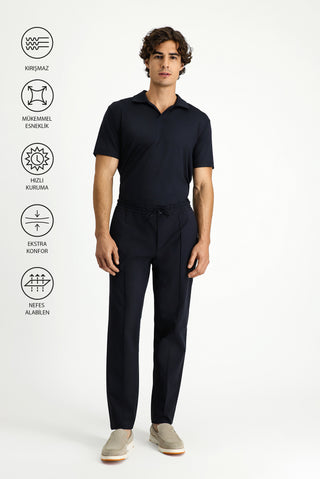  Koyu Lacivert Techno-Line Super Slim Fit Ekstra Dar Kesim Likralı Beli Lastikli İpli Klasik Kumaş Pantolon