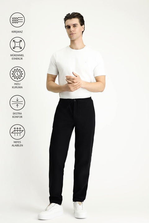 Siyah Techno-Line 7 Drop Slim Fit Dar Kesim Beli Lastikli İpli Likralı Klasik Kumaş Pantolon