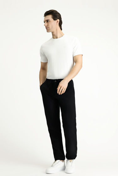 Siyah Techno-Line Slim Fit Dar Kesim Beli Lastikli İpli Likralı Klasik Kumaş Pantolon