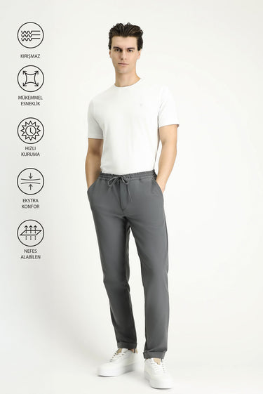 Orta Füme Techno-Line Slim Fit Dar Kesim Beli Lastikli İpli Likralı Klasik Kumaş Pantolon