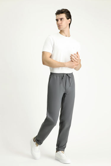 Orta Füme Techno-Line Slim Fit Dar Kesim Beli Lastikli İpli Likralı Klasik Kumaş Pantolon
