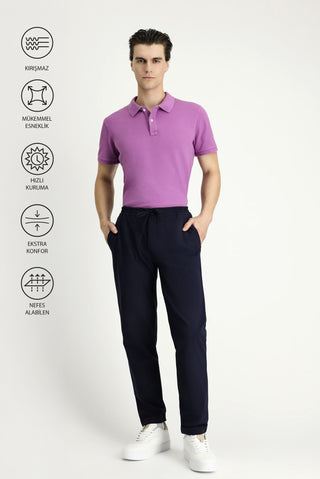  Koyu Lacivert Techno-Line Slim Fit Dar Kesim Beli Lastikli İpli Likralı Klasik Kumaş Pantolon