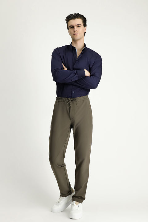 Koyu Haki Techno-Line 7 Drop Slim Fit Dar Kesim Beli Lastikli İpli Likralı Klasik Kumaş Pantolon