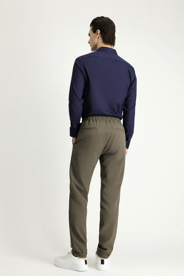 Koyu Haki Techno-Line Slim Fit Dar Kesim Beli Lastikli İpli Likralı Klasik Kumaş Pantolon