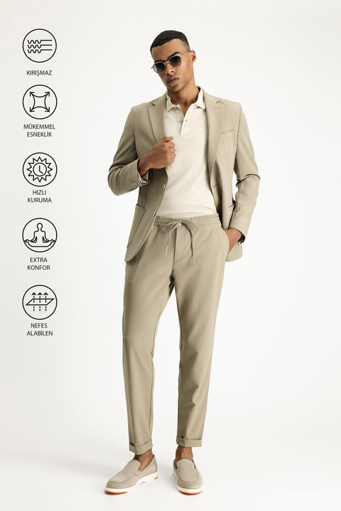 Açık Vizon Techno-Line 7 Drop Slim Fit Dar Kesim Beli Lastikli İpli Likralı Klasik Kumaş Pantolon