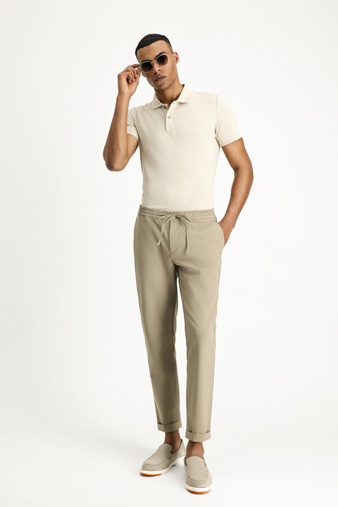 Açık Vizon Techno-Line 7 Drop Slim Fit Dar Kesim Beli Lastikli İpli Likralı Klasik Kumaş Pantolon