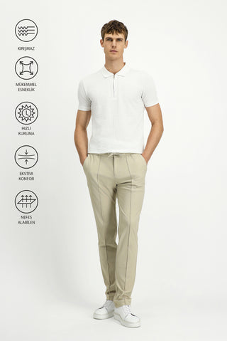 Krem Techno-Line Super Slim Fit Ekstra Dar Kesim Likralı Beli Lastikli İpli Klasik Kumaş Pantolon