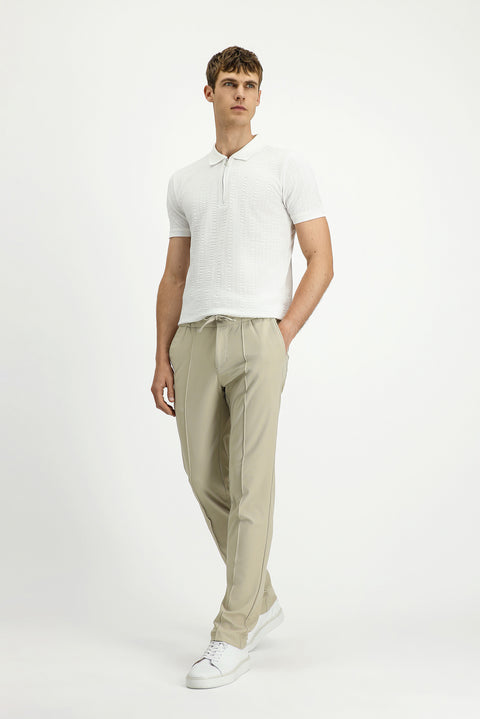 Krem Techno-Line 7 Drop Super Slim Fit Eksra Dar Kesim Likralı Beli Lastikli İpli Klasik Kumaş Pantolon