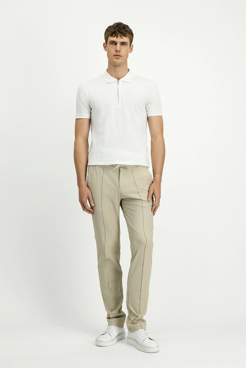 Krem Techno-Line 7 Drop Super Slim Fit Eksra Dar Kesim Likralı Beli Lastikli İpli Klasik Kumaş Pantolon