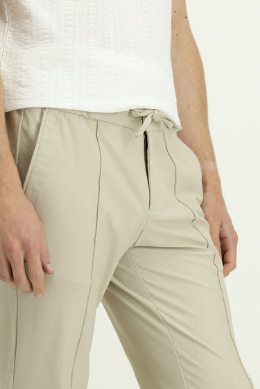 Krem Techno-Line Super Slim Fit Ekstra Dar Kesim Likralı Beli Lastikli İpli Klasik Kumaş Pantolon