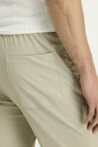 Krem Techno-Line Super Slim Fit Ekstra Dar Kesim Likralı Beli Lastikli İpli Klasik Kumaş Pantolon
