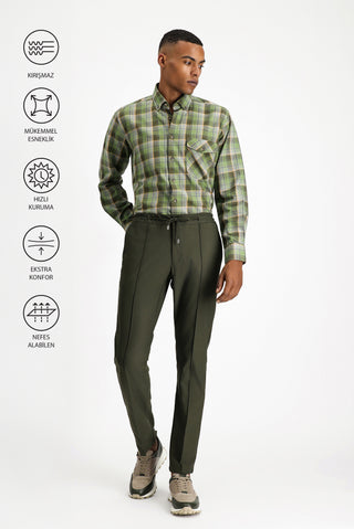  Koyu Haki Techno-Line Super Slim Fit Ekstra Dar Kesim Likralı Beli Lastikli İpli Klasik Kumaş Pantolon
