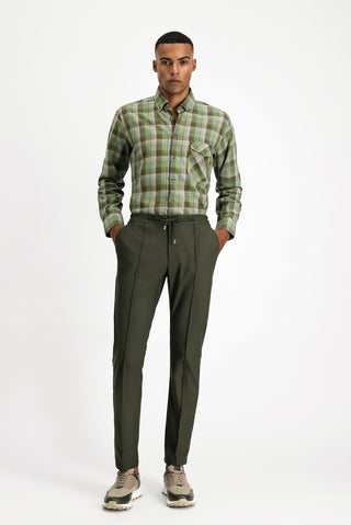  Koyu Haki Techno-Line Super Slim Fit Ekstra Dar Kesim Likralı Beli Lastikli İpli Klasik Kumaş Pantolon