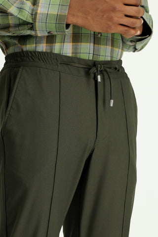  Koyu Haki Techno-Line Super Slim Fit Ekstra Dar Kesim Likralı Beli Lastikli İpli Klasik Kumaş Pantolon