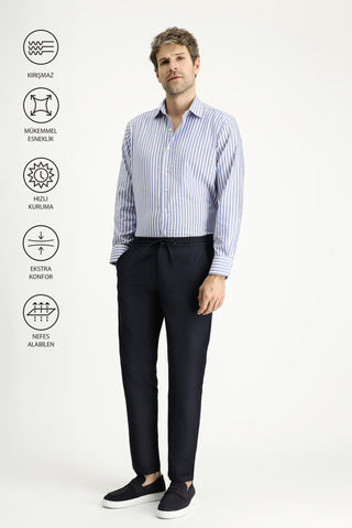  Koyu Lacivert Techno-Line Slim Fit Dar Kesim Beli Lastikli İpli Klasik Kumaş Pantolon