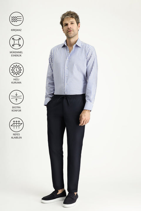 Koyu Lacivert Techno-Line 7 Drop Slim Fit Dar Kesim Beli Lastikli İpli Klasik Kumaş Pantolon