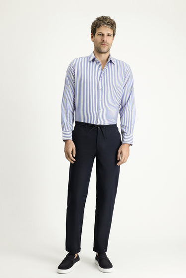  Koyu Lacivert Techno-Line Slim Fit Dar Kesim Beli Lastikli İpli Klasik Kumaş Pantolon