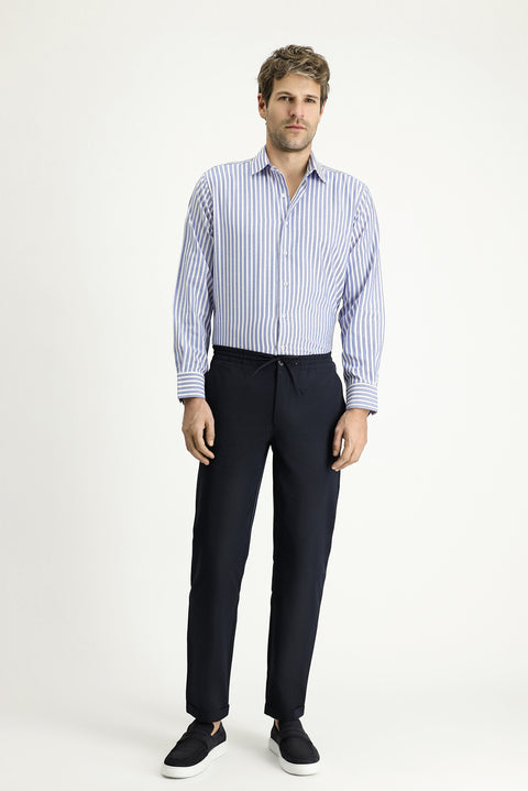 Koyu Lacivert Techno-Line 7 Drop Slim Fit Dar Kesim Beli Lastikli İpli Klasik Kumaş Pantolon