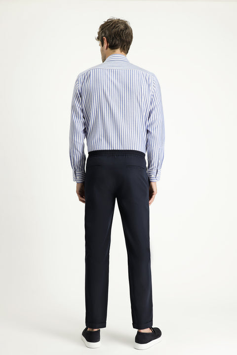 Koyu Lacivert Techno-Line 7 Drop Slim Fit Dar Kesim Beli Lastikli İpli Klasik Kumaş Pantolon