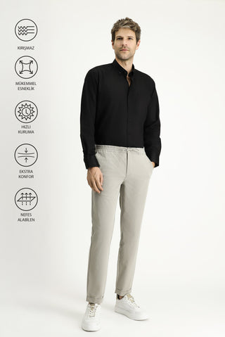  Açık Vizon Techno-Line Slim Fit Dar Kesim Beli Lastikli İpli Klasik Kumaş Pantolon