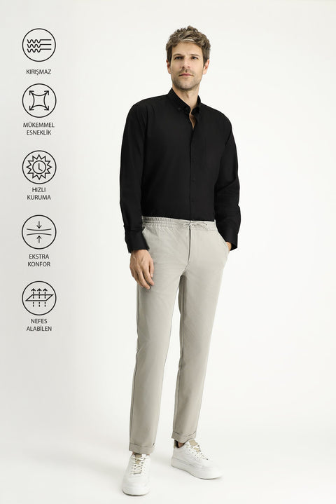 Açık Vizon Techno-Line 7 Drop Slim Fit Dar Kesim Beli Lastikli İpli Klasik Kumaş Pantolon