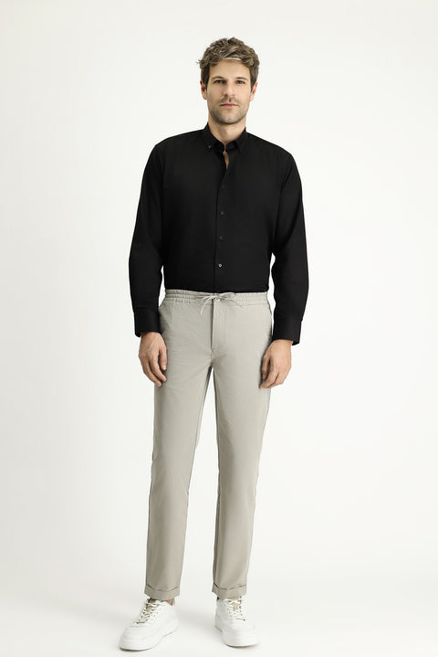 Açık Vizon Techno-Line 7 Drop Slim Fit Dar Kesim Beli Lastikli İpli Klasik Kumaş Pantolon