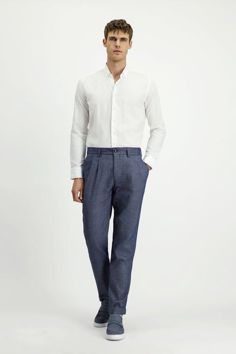 Açık Lacivert 7 Drop Slim Fit Dar Kesim Desenli Keten Karışımlı Pileli Klasik Kumaş Pantolon