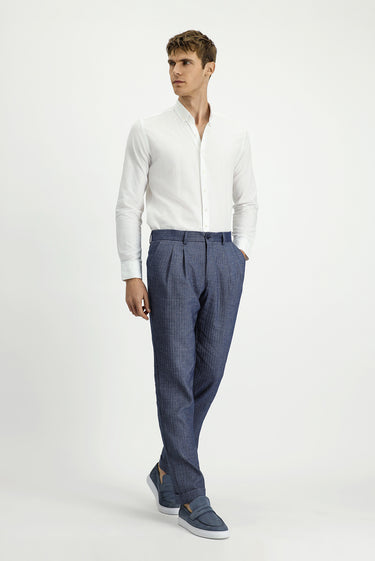  Açık Lacivert Slim Fit Dar Kesim Desenli Keten Karışımlı Pileli Klasik Kumaş Pantolon