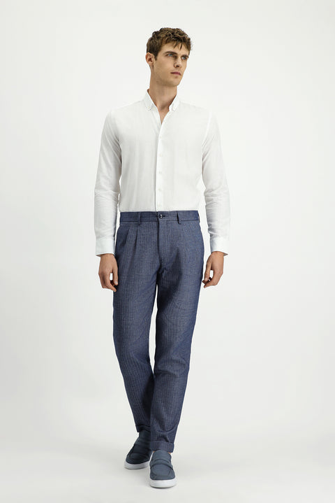 Açık Lacivert 7 Drop Slim Fit Dar Kesim Desenli Keten Karışımlı Pileli Klasik Kumaş Pantolon