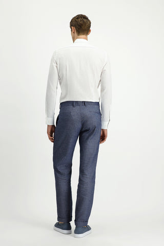  Açık Lacivert Slim Fit Dar Kesim Desenli Keten Karışımlı Pileli Klasik Kumaş Pantolon