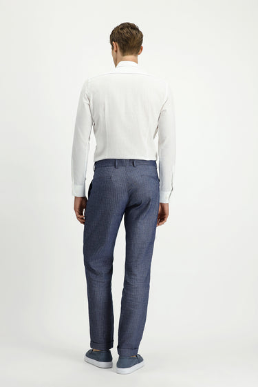  Açık Lacivert Slim Fit Dar Kesim Desenli Keten Karışımlı Pileli Klasik Kumaş Pantolon