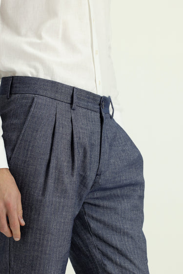 Açık Lacivert Slim Fit Dar Kesim Desenli Keten Karışımlı Pileli Klasik Kumaş Pantolon