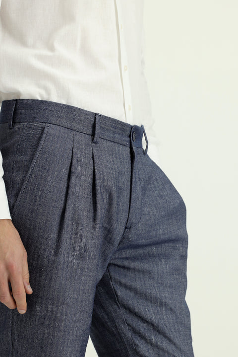 Açık Lacivert 7 Drop Slim Fit Dar Kesim Desenli Keten Karışımlı Pileli Klasik Kumaş Pantolon