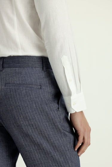 Açık Lacivert Slim Fit Dar Kesim Desenli Keten Karışımlı Pileli Klasik Kumaş Pantolon