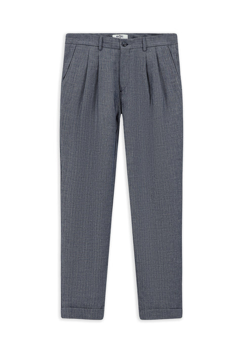 Açık Lacivert 7 Drop Slim Fit Dar Kesim Desenli Keten Karışımlı Pileli Klasik Kumaş Pantolon