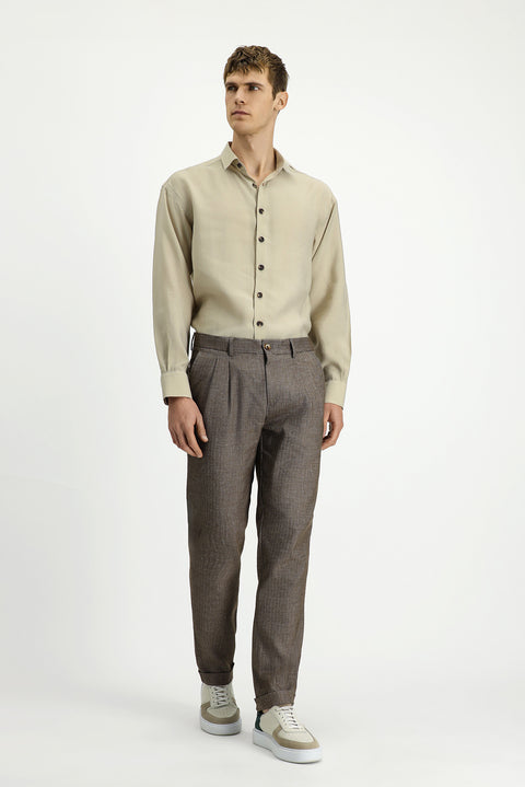 Orta Kahve 7 Drop Slim Fit Dar Kesim Desenli Keten Karışımlı Pileli Klasik Kumaş Pantolon