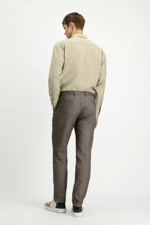 Orta Kahve 7 Drop Slim Fit Dar Kesim Desenli Keten Karışımlı Pileli Klasik Kumaş Pantolon