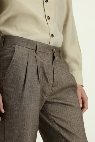  Orta Kahve Slim Fit Dar Kesim Desenli Keten Karışımlı Pileli Klasik Kumaş Pantolon