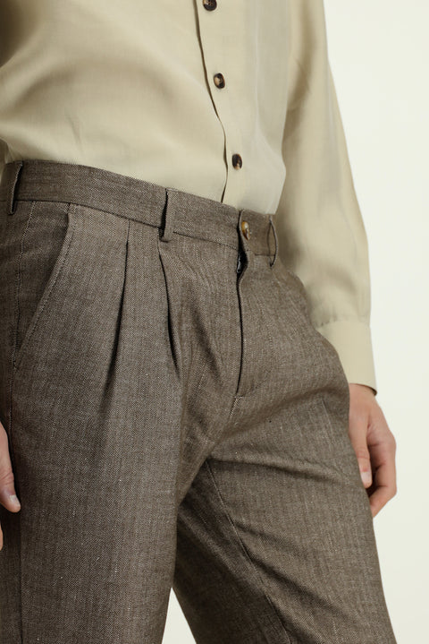 Orta Kahve 7 Drop Slim Fit Dar Kesim Desenli Keten Karışımlı Pileli Klasik Kumaş Pantolon