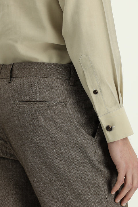 Orta Kahve 7 Drop Slim Fit Dar Kesim Desenli Keten Karışımlı Pileli Klasik Kumaş Pantolon