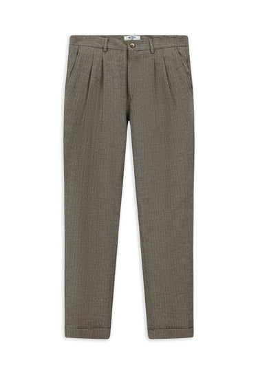 Orta Kahve Slim Fit Dar Kesim Desenli Keten Karışımlı Pileli Klasik Kumaş Pantolon